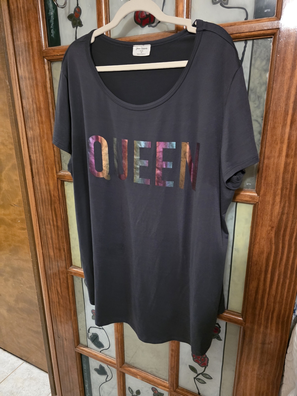 Free Kisses Black Scoop Neck Tee with Multicolor QUEEN Graphic